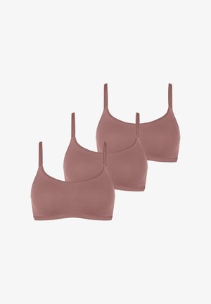 Tre bralette marroni senza cuciture con spalline regolabili e scollo rotondo, realizzati in morbido tessuto elasticizzato per il massimo comfort.
