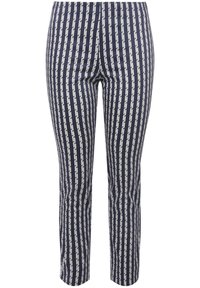 Marinblå byxor med vertikala vita kedjor, slim fit-design, slät textur och en enkel midja.