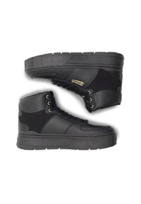 Czarne botki za kostkę z teksturowanej skóry, z zapięciem na sznurowadła, wyściełanym kołnierzem i grubą gumową podeszwą. Złote akcenty z logo marki.