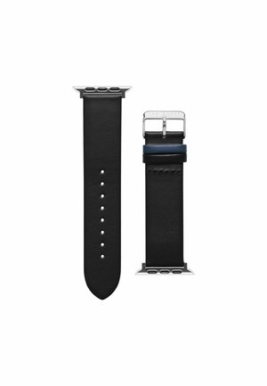 Black leather watch band with silver metal hardware, featuring a smooth texture, adjustable holes, and a blue accent on the buckle.