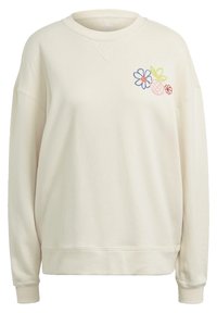 Krämfärgad sweatshirt med en avslappnad passform, som har broderade blommor och en design av en ananas på vänster bröst. Mjuk, texturerad tyg.