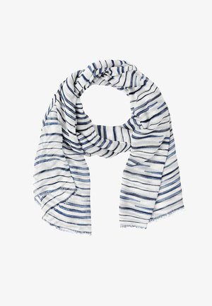 Witte sjaal met blauwe horizontale strepen, gemaakt van zacht, lichtgewicht materiaal met franjes aan de randen. Drapeert in een lusstijl.