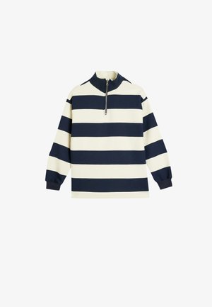 Navy and cream striped pullover with a high collar and zip front. Features long sleeves and a relaxed fit. Soft fabric texture.