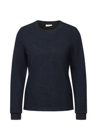 Marineblaues Langarmpullover mit strukturiertem Blattmuster, runder Halslinie und gerippten Bündchen. Hergestellt aus weichem Strickmaterial.