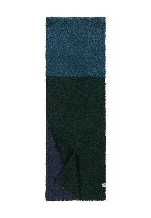 Long knitted scarf with textured sections in teal, dark green, and navy blue, folded at one corner, on white background.