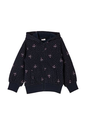 Marineblaue Kapuzenjacke zum Reißverschluss aus weichem Stoff mit rosa Punkten und kleinen floralen Details. Verfügt über eine Kapuze und Vordertaschen sowie gerippte Bündchen und Saum.