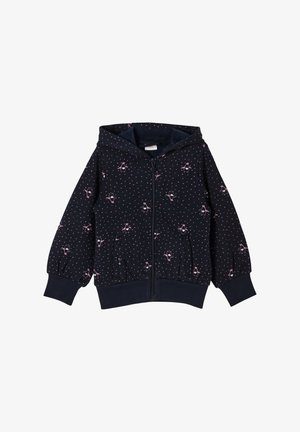 Sweat à capuche zippé marine en tissu doux avec des pois roses et de petits détails floraux. Comprend une capuche, des poches avant, des poignets et un ourlet côtelés.