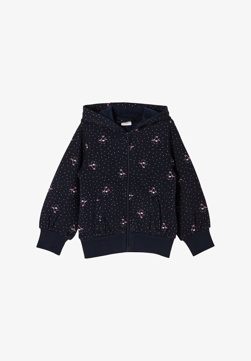Sweat à capuche zippé marine en tissu doux avec des pois roses et de petits détails floraux. Comprend une capuche, des poches avant, des poignets et un ourlet côtelés.