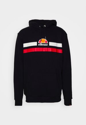 Schwarzer Kapuzenpullover mit weißen und roten horizontalen Streifen und Ellesse-Logo auf der Brust, mit einer Kängurutasche vorne und verstellbarer Kapuze.