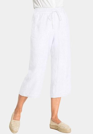 Pantalons culottes en lin blanc avec une taille élastique et un cordon de serrage. Présente des poches latérales et une coupe décontractée. Texture lisse et légère.