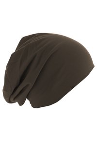 Căciulă dintr-un material elastic de culoare marron, cu un croi lejer și o textură moale, afișată pe un fundal alb.