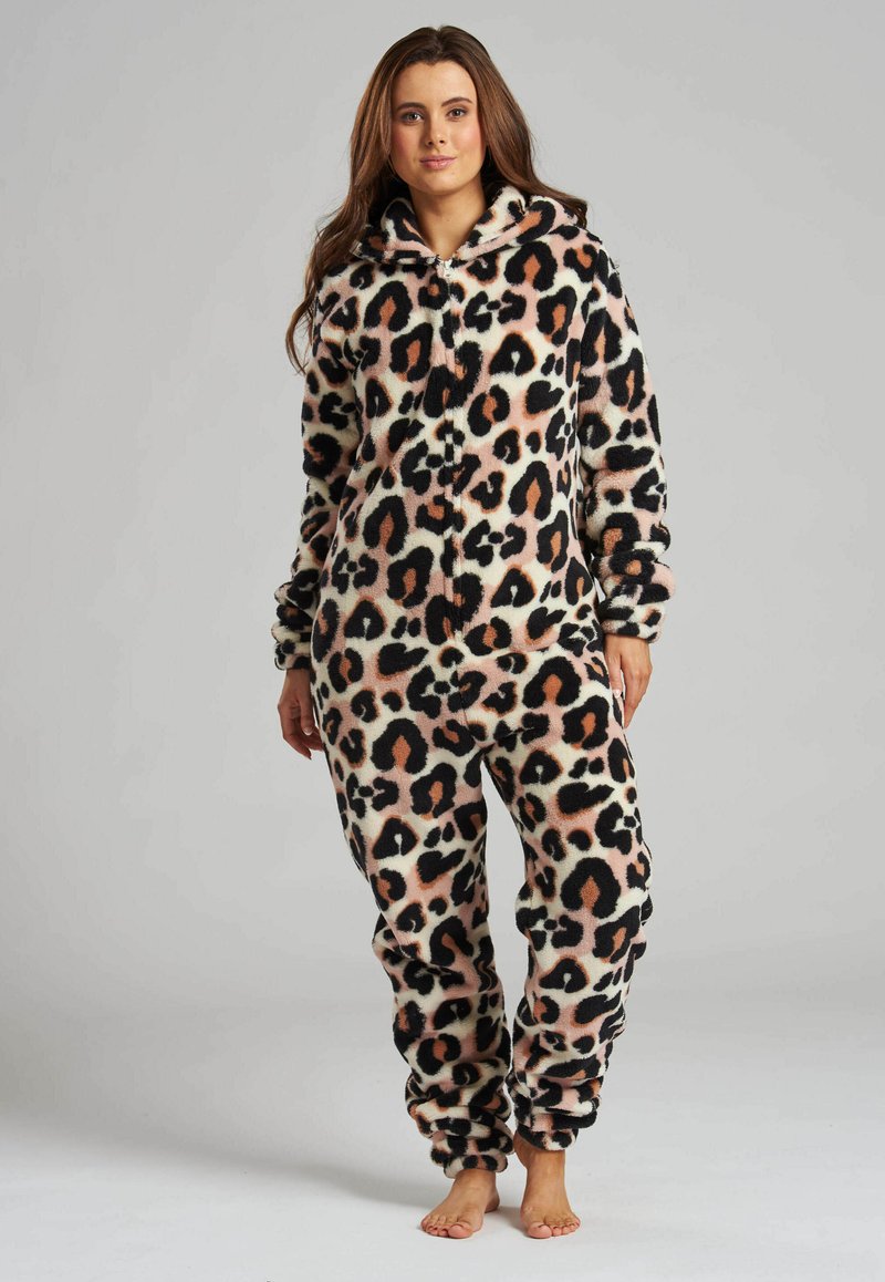 Leopardprint-Einteiler, aus weichem Fleece gefertigt, mit Kapuze, langen Ärmeln und gerafften Bündchen an den Knöcheln für eine bequeme Passform.