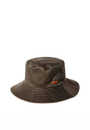 Dark brown fabric bucket hat with stitched brim and small rectangular leather patch on the side, shown against a white background.