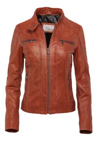 Braune Lederjacke mit einem Reißverschluss vorne, hohem Kragen und zwei Reißverschlusstaschen. Verfügt über gestickte Details und eine glatte Textur.