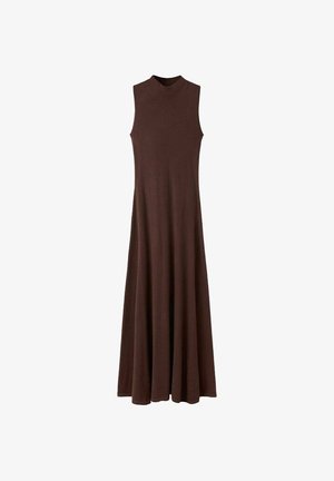 Braunes ärmelloses Maxikleid mit hohem Halsausschnitt, aus weichem, dehnbarem Stoff gefertigt und mit einer lockeren, fließenden Silhouette.