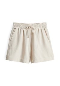 Lichtbeige shorts met een verstelbare tailleband, voorzien van twee zijzakken en een ontspannen pasvorm. De stof heeft een gladde, zachte textuur.
