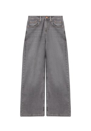 Graue Schlagjeans aus Denim mit Front- und Münztaschen, Gürtelschlaufen und einem Knopfverschluss an der Taille.