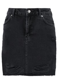 Zwarte denim rok met hoge taille, verontrustende details met scheuren en een rauwe zoom. Inclusief vier zakken en een sluiting met knopen aan de voorkant.