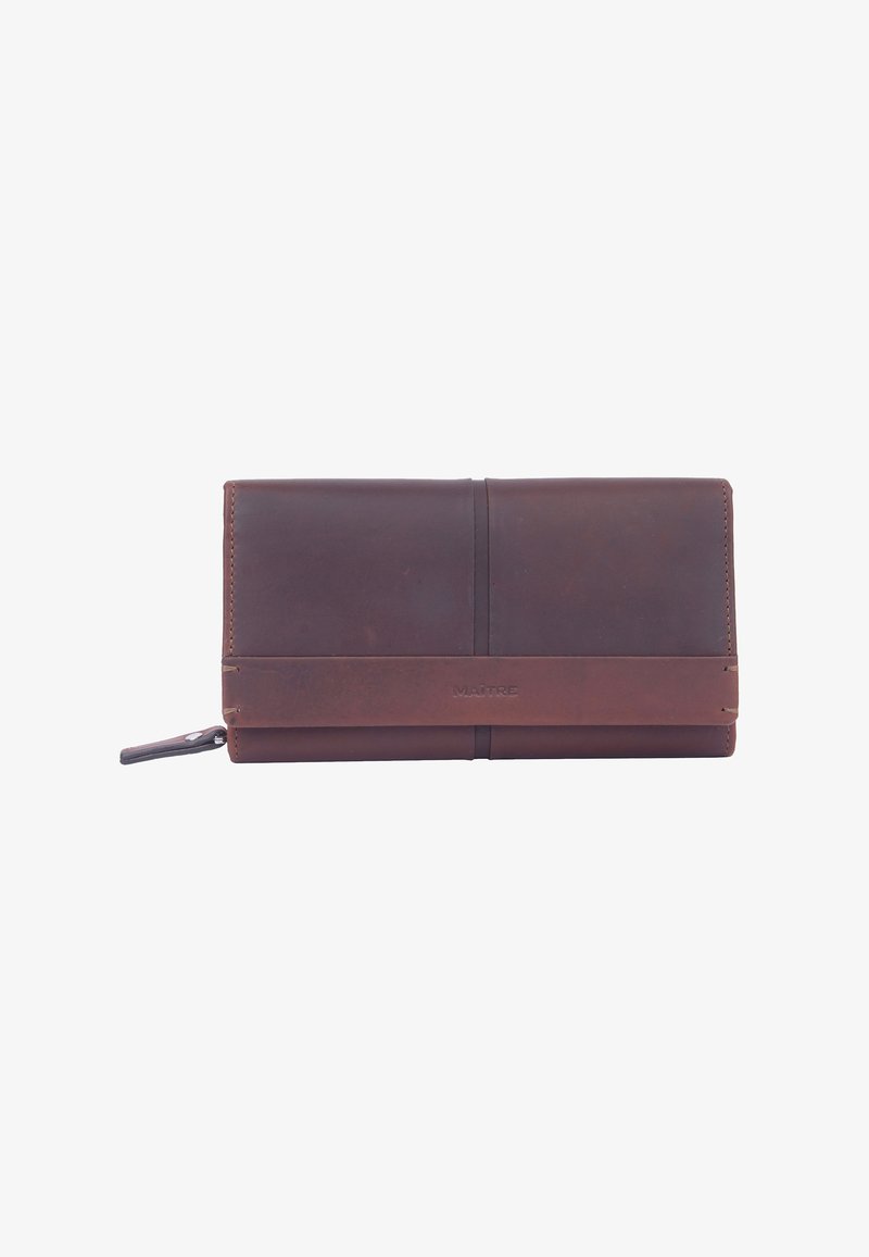 Portefeuille en cuir marron avec une finition lisse, doté d'une fermeture zippée, de coutures contrastantes et d'un détail de logo embossé.