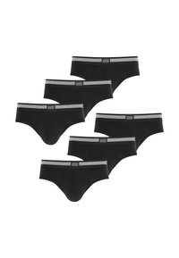 Czarne bawełniane majtki typu slip, zestaw sześciu sztuk, z szarym paskiem elastycznym w paski i gładką teksturą. Klasyczny design z wyprofilowanym przodem.