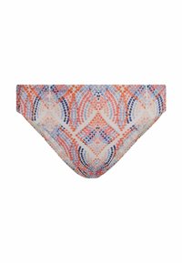 Slip bikini con motivo multicolore di pois in corallo, blu e lavanda, con forma triangolare e morbido tessuto.