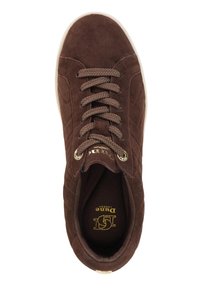 Brown suede sneaker with quilted design, featuring round laces, metallic eyelets, and a white rubber sole. Gold logo on the interior.