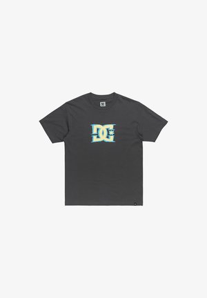 Gray short-sleeve t-shirt made of cotton, featuring a blue and yellow graphic logo on the front. Clean neckline and straight hem design.