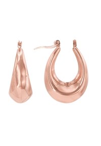 Orecchini in metallo rosa gold con forma a goccia e design ad anello arrotondato, entrambi con superficie liscia e riflettente.