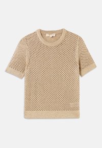 Maglione beige a maniche corte lavorato a maglia con design a rete aperta, scollo tondo e orlo a coste. Texture leggera adatta per il clima più caldo.