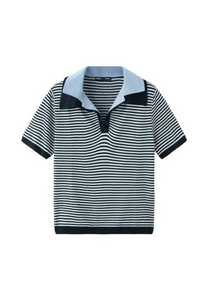 Zwart-wit horizontaal gestreept shirt met korte mouwen, een lichtblauwe en zwarte brede kraag, geribbelde mouwboorden en zoom.