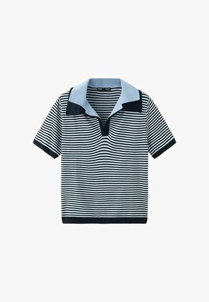 Short-sleeve black and white horizontal striped shirt with light blue and black wide collar, ribbed sleeve cuffs, and hem.
