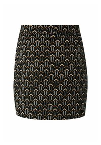 Svart kjol med geometriskt mönster som har zigzag-design i orange, krämvitt och vitt. Texturerad tyg, rak passform, ovanför knä längd.