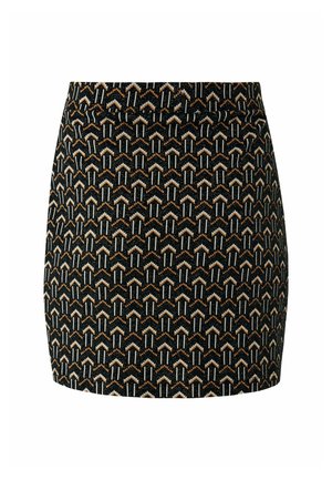 Jupe noire avec motif géométrique comportant des zigzags oranges, crème et blancs. Tissu texturé, coupe droite, longueur au-dessus du genou.