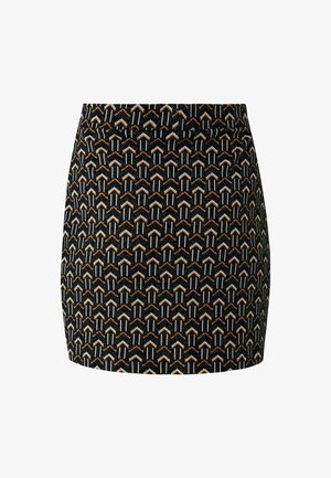 Schwarzer Rock mit geometrischem Muster, das Zickzackdesigns in Orange, Creme und Weiß zeigt. Strukturierten Stoff, gerader Schnitt, knielange.