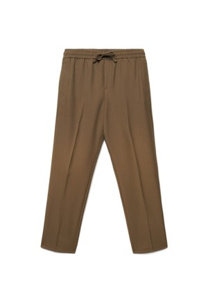 Pantaloni marroni con vita elasticizzata con coulisse, gambe dritte e un design pulito e semplice, stesi su uno sfondo bianco.