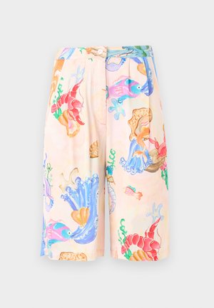 High-waisted, knee-length shorts with pastel watercolor sea life print featuring lobsters, fish, seaweed, and seashells on light pink fabric.