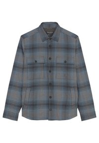 Camicia in flanella a quadri in tonalità di blu e grigio, dotata di due tasche sul petto, chiusura con bottoni e maniche lunghe con orlo dritto.