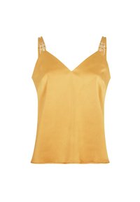 Mustard yellow camisole with a v-neck design, textured fabric, and dual straps featuring geometric silver accents. Adjustable fit.