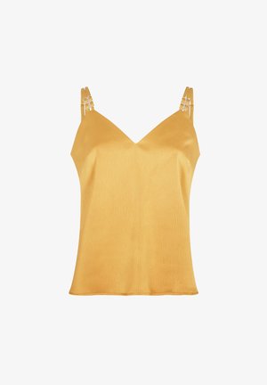Camisole jaune moutarde avec un design en V, tissu texturé et deux bretelles avec des accents géométriques en argent. Ajustement réglable.