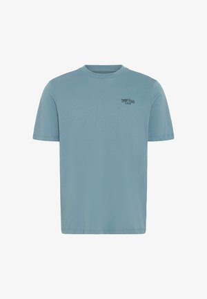 Jasnoniebieska bawełniana koszulka z krótkim rękawem, okrągłym dekoltem i małym czarnym tekstem na lewej piersi brzmiącym "Danish Foodie Club."