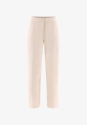Beige op maat gemaakte broek met een rechte pijpregeling. Voorzien van een knoopsluiting en twee voorplooien voor een gestructureerde uitstraling. Gladde stoftextuur.