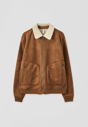 Brown suede jacket with white fleece collar, front zipper, two zippered side pockets, and ribbed cuffs and hem on a plain background.