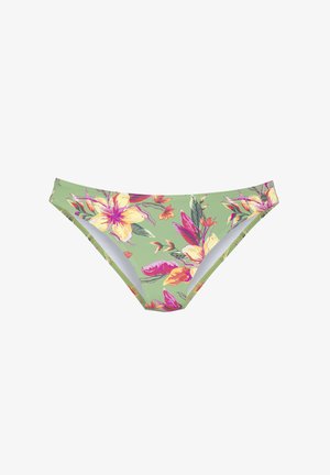 Grüner Bikini-Slip mit tropischem Blumenmuster in Gelb, Pink und Orange sowie einem kleinen metallischen Logo am Bund.