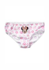 Białe bawełniane majtki z różowym wzorem muszelek i grafiką Myszki Minnie z błyszczącą kokardką z przodu. Elastyczna talia, miękka tkanina.