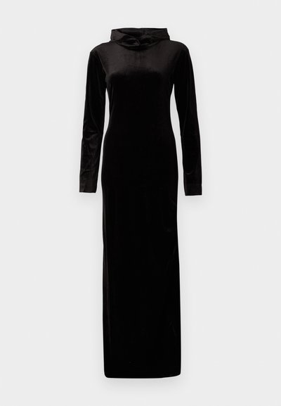 Black velvet long-sleeve dress with a fitted silhouette and a high neckline. Smooth texture, floor-length, minimal design without embellishments.
