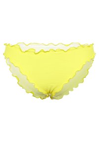 Gelbe Bikini-Höschen mit gewelltem Rand, gefertigt aus glattem Stoff. Verfügt über einen welligen Saum und eine geraffte Mitte für ein ausgefallenes Design.
