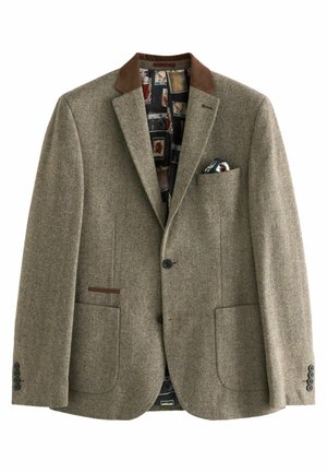 Herringbone patterned, brown tweed blazer with brown suede collar and pocket square, featuring two front pockets and a patterned inner lining.