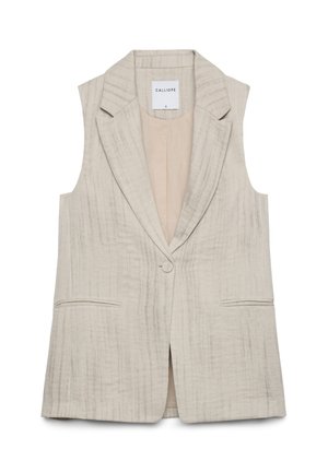 Blazer beige sans manches avec un bouton unique sur le devant, des revers crantés, deux poches fendues à l'avant et une doublure intérieure lisse.