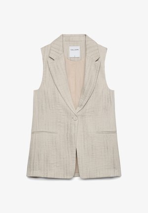 Blazer beige sans manches avec un bouton unique sur le devant, des revers crantés, deux poches fendues à l'avant et une doublure intérieure lisse.