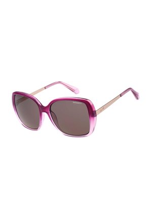 Lila übergroße quadratische Sonnenbrille mit einem pinken Farbverlauf-Rahmen und goldfarbenen Bügeln, dunkel getönte Gläser, Markenlogo auf Glas und Bügel.